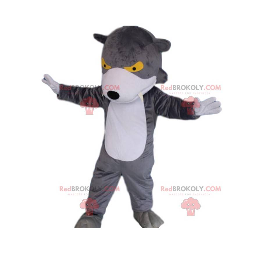 Gray and white wolf mascot with yellow eyes, wolf costume -