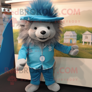 Cyan Porcupine mascot costume character dressed with a Oxford Shirt and Hat pins