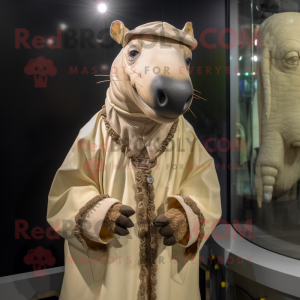 Beige Tapir mascot costume character dressed with a Raincoat and Necklaces