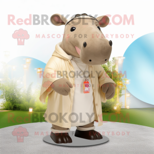 Beige Tapir mascot costume character dressed with a Raincoat and Necklaces