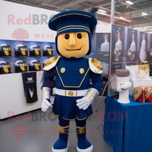 Navy Roman Soldier mascot costume character dressed with a T-Shirt and Coin purses