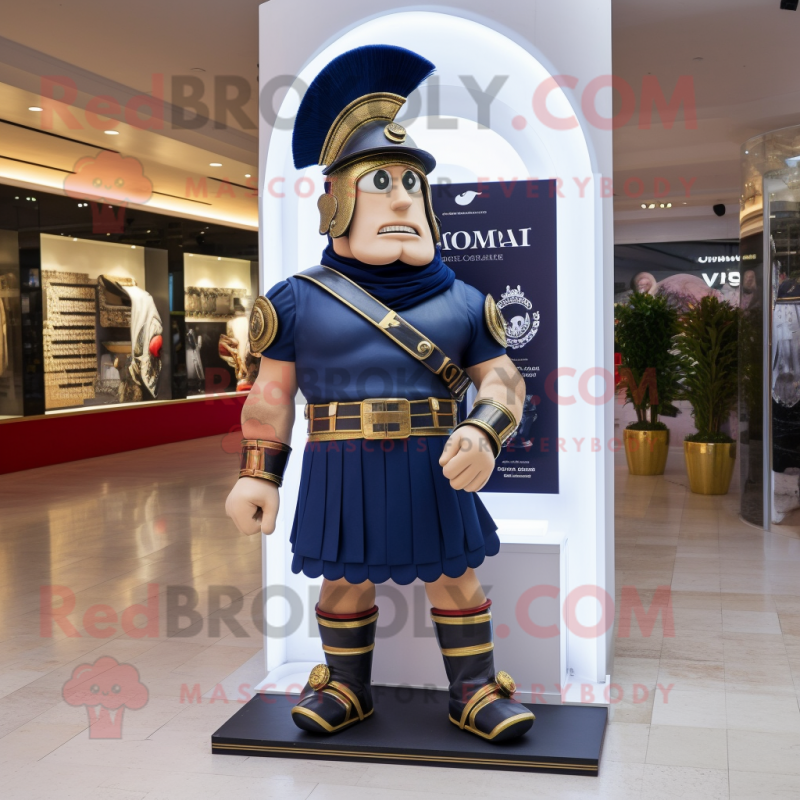 Navy Roman Soldier mascot costume character dressed with a T-Shirt and Coin purses