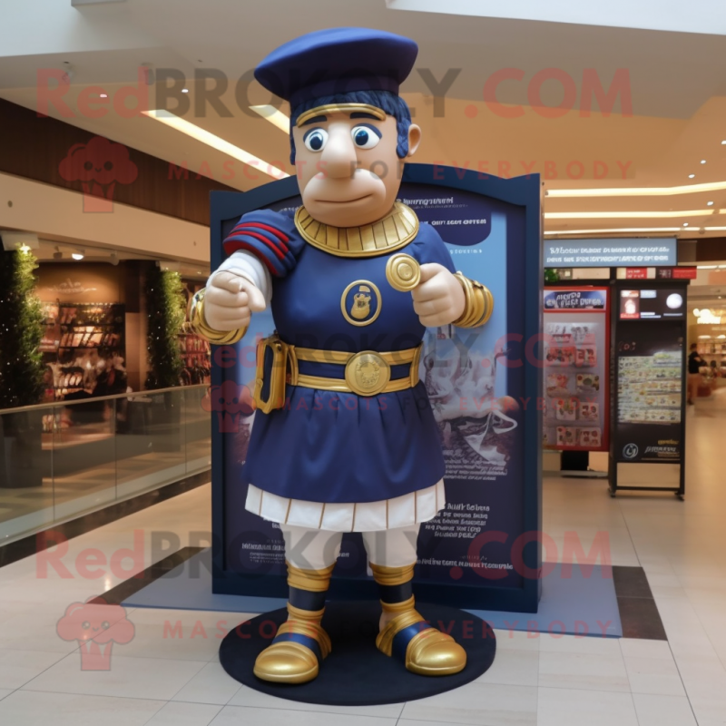 Navy Roman Soldier mascot costume character dressed with a T-Shirt and Coin purses