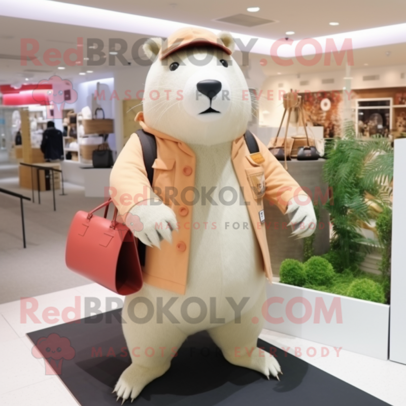 Cream Capybara mascot costume character dressed with a Jumpsuit and Handbags