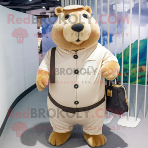 Cream Capybara mascot costume character dressed with a Jumpsuit and Handbags