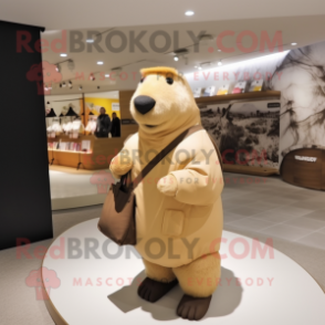 Cream Capybara mascot costume character dressed with a Jumpsuit and Handbags