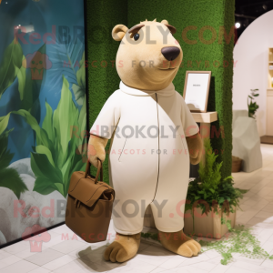 Cream Capybara mascot costume character dressed with a Jumpsuit and Handbags