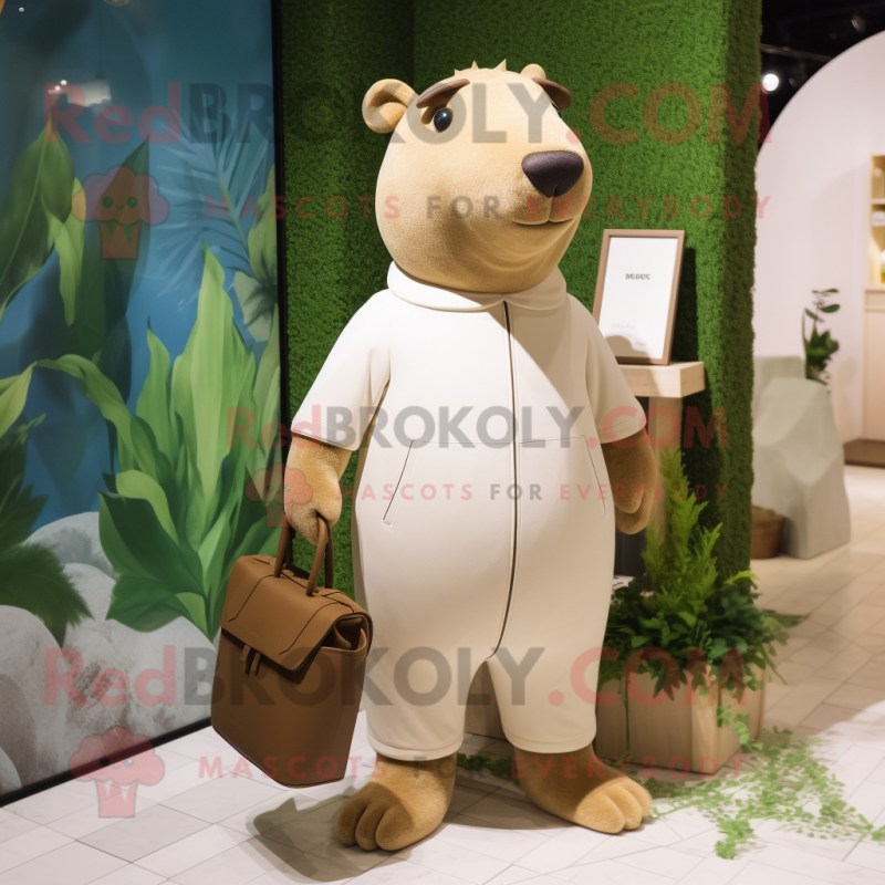 Cream Capybara mascot costume character dressed with a Jumpsuit and Handbags