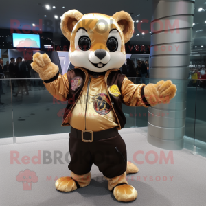 Gold Flying Squirrel mascot costume character dressed with a Leather Jacket and Bracelets