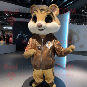 Gold Flying Squirrel mascot costume character dressed with a Leather Jacket and Bracelets