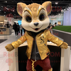 Gold Flying Squirrel mascot costume character dressed with a Leather Jacket and Bracelets