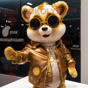 Gold Flying Squirrel mascot costume character dressed with a Leather Jacket and Bracelets