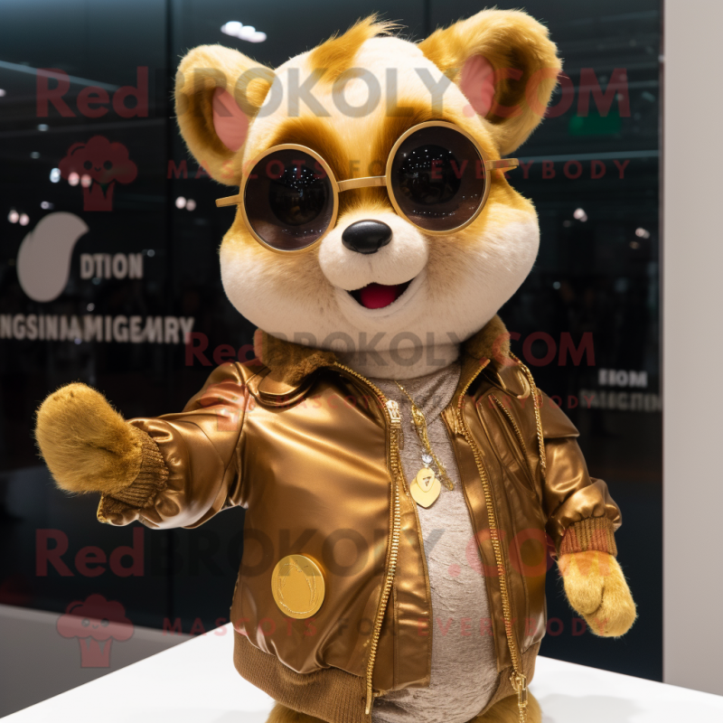 Gold Flying Squirrel mascot costume character dressed with a Leather Jacket and Bracelets Gold Flying Squirrel mascot costume character dressed with a Leather Jacket and Bracelets