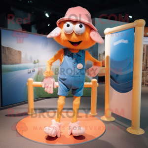 Peach Stilt Walker mascot costume character dressed with a Denim Shorts and Foot pads
