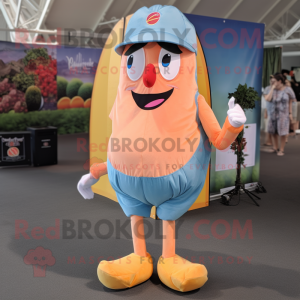 Peach Stilt Walker mascot costume character dressed with a Denim Shorts and Foot pads