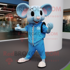 Sky Blue Rat mascot costume character dressed with a Bermuda Shorts and Smartwatches