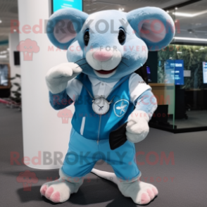 Sky Blue Rat mascot costume character dressed with a Bermuda Shorts and Smartwatches