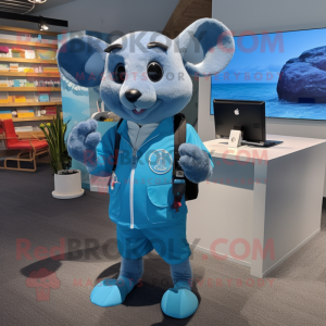 Sky Blue Rat mascot costume character dressed with a Bermuda Shorts and Smartwatches