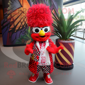 Red Pineapple mascot costume character dressed with a Jacket and Bracelets