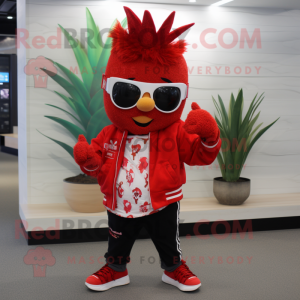 Red Pineapple mascot costume character dressed with a Jacket and Bracelets
