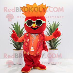 Red Pineapple mascot costume character dressed with a Jacket and Bracelets