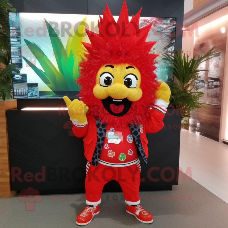 Red Pineapple mascot costume character dressed with a Jacket and Bracelets