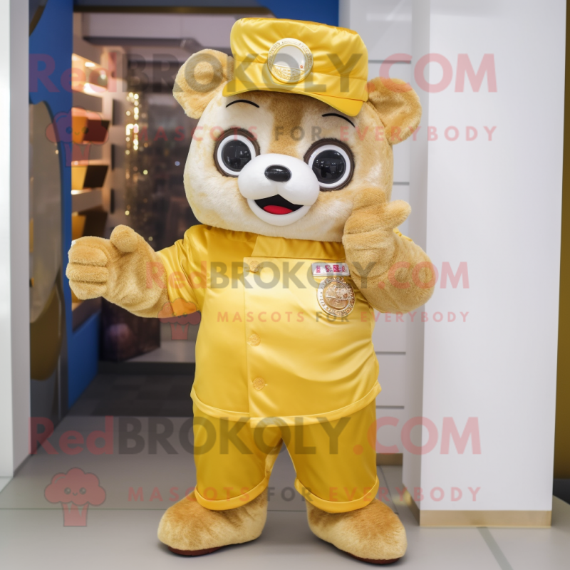 Gold Dim Sum mascot costume character dressed with a Dungarees and Gloves