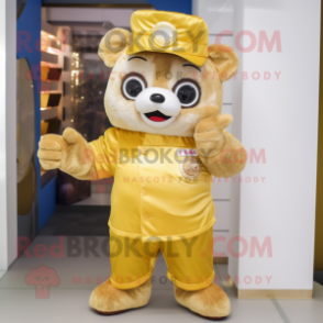 Gold Dim Sum mascot costume character dressed with a Dungarees and Gloves