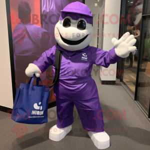 Purple Commando mascot costume character dressed with a Poplin Shirt and Tote bags