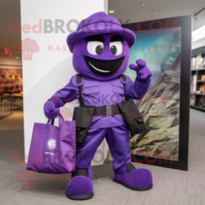 Purple Commando mascot costume character dressed with a Poplin Shirt and Tote bags