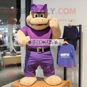 Purple Commando mascot costume character dressed with a Poplin Shirt and Tote bags