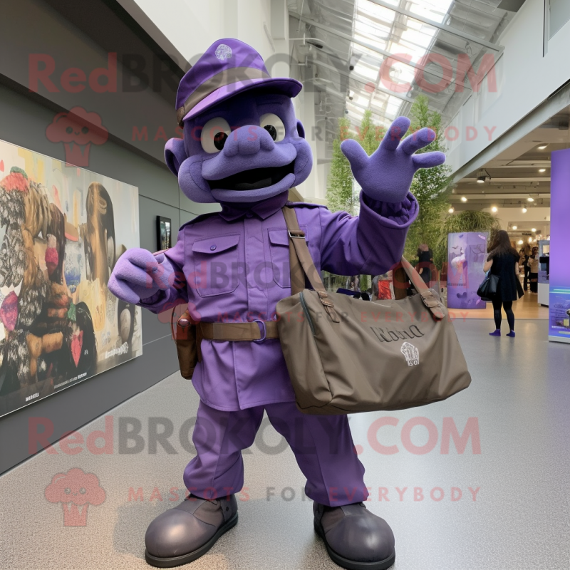 Purple Commando mascot costume character dressed with a Poplin Shirt and Tote bags Purple Commando mascot costume character dressed with a Poplin Shirt and Tote bags