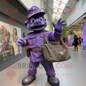 Purple Commando mascot costume character dressed with a Poplin Shirt and Tote bags