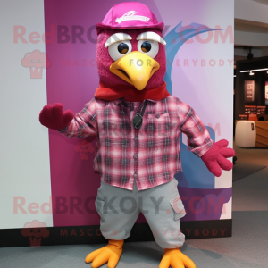 Magenta Gull mascot costume character dressed with a Flannel Shirt and Hats
