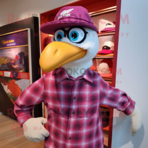 Magenta Gull mascot costume character dressed with a Flannel Shirt and Hats