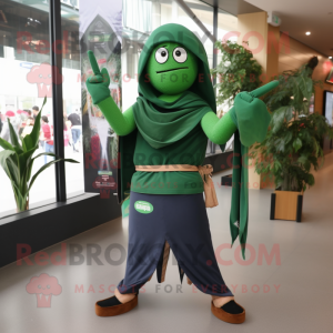 Forest Green Knife Thrower mascot costume character dressed with a Mom Jeans and Shawls