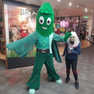 Forest Green Knife Thrower mascot costume character dressed with a Mom Jeans and Shawls