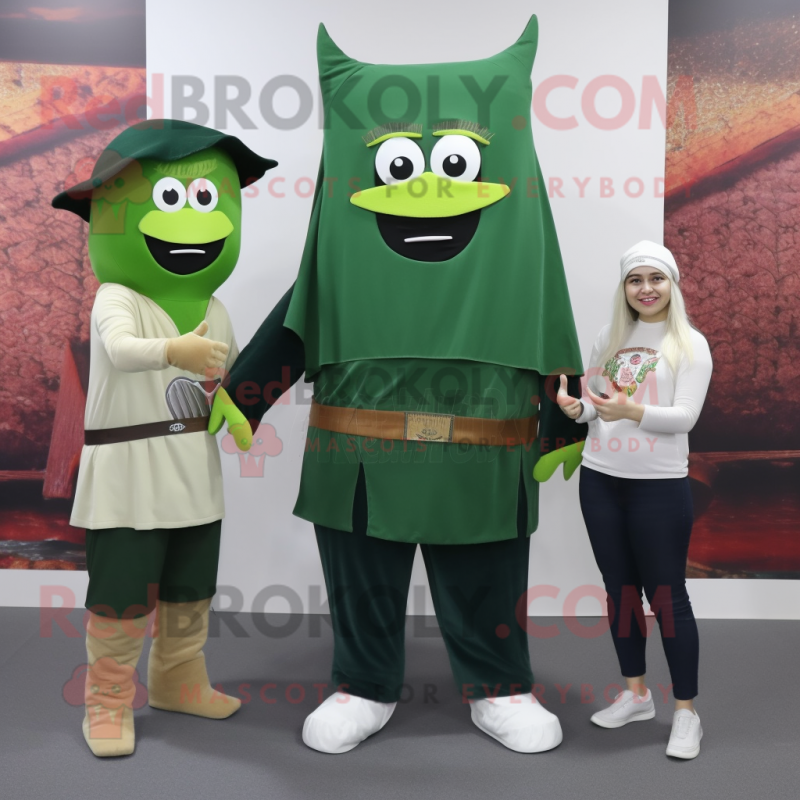 Forest Green Knife Thrower mascot costume character dressed with a Mom Jeans and Shawls Forest Green Knife Thrower mascot costume character dressed with a Mom Jeans and Shawls
