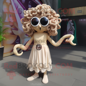 Beige Medusa mascot costume character dressed with a A-Line Skirt and Sunglasses