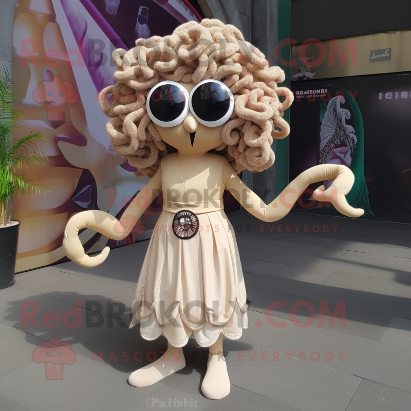 Beige Medusa mascot costume character dressed with a A-Line Skirt and Sunglasses Beige Medusa mascot costume character dressed with a A-Line Skirt and Sunglasses