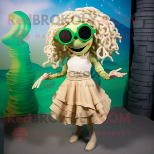 Beige Medusa mascot costume character dressed with a A-Line Skirt and Sunglasses