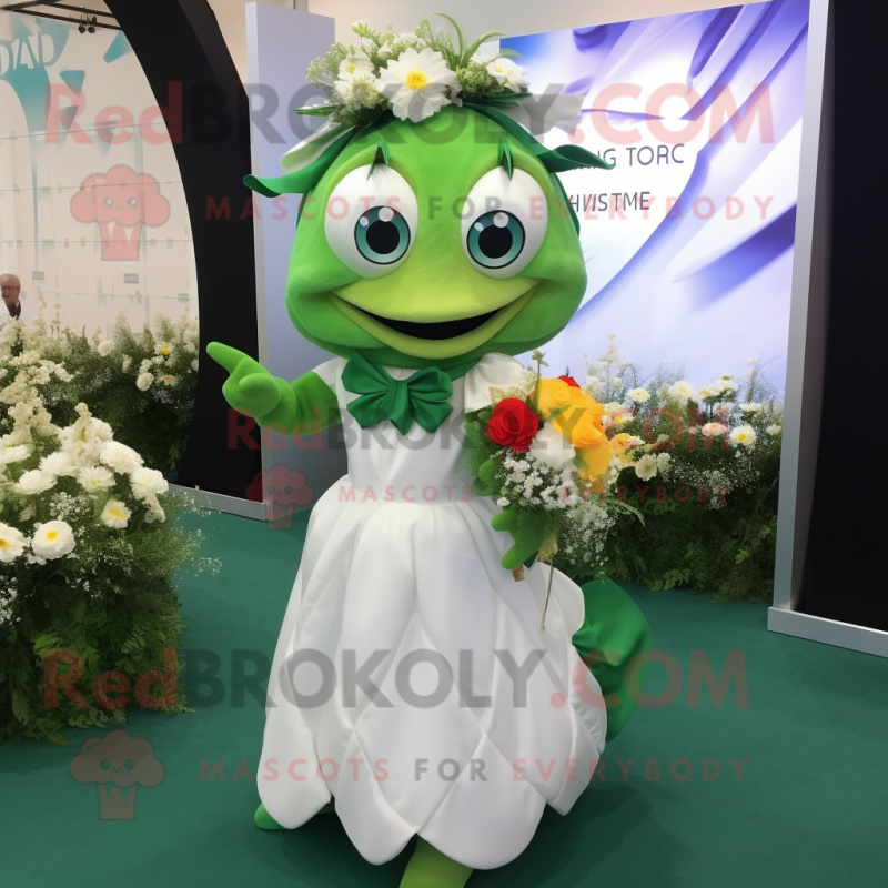 Forest Green Goldfish mascot costume character dressed with a Wedding Dress and Rings Forest Green Goldfish mascot costume character dressed with a Wedding Dress and Rings