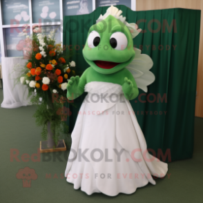 Forest Green Goldfish mascot costume character dressed with a Wedding Dress and Rings