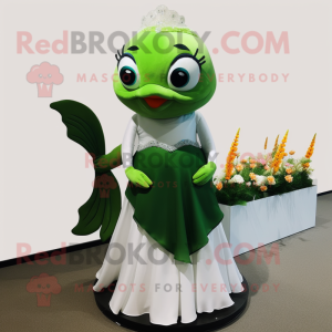 Forest Green Goldfish mascot costume character dressed with a Wedding Dress and Rings