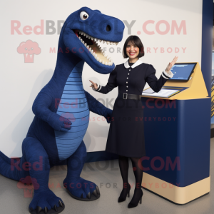 Navy Allosaurus mascot costume character dressed with a Pencil Skirt and Mittens