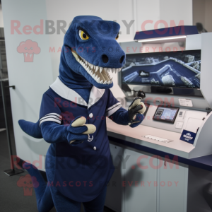 Navy Allosaurus mascot costume character dressed with a Pencil Skirt and Mittens