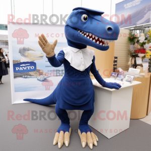 Navy Allosaurus mascot costume character dressed with a Pencil Skirt and Mittens