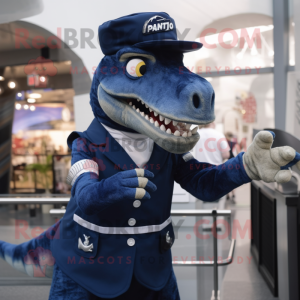 Navy Allosaurus mascot costume character dressed with a Pencil Skirt and Mittens