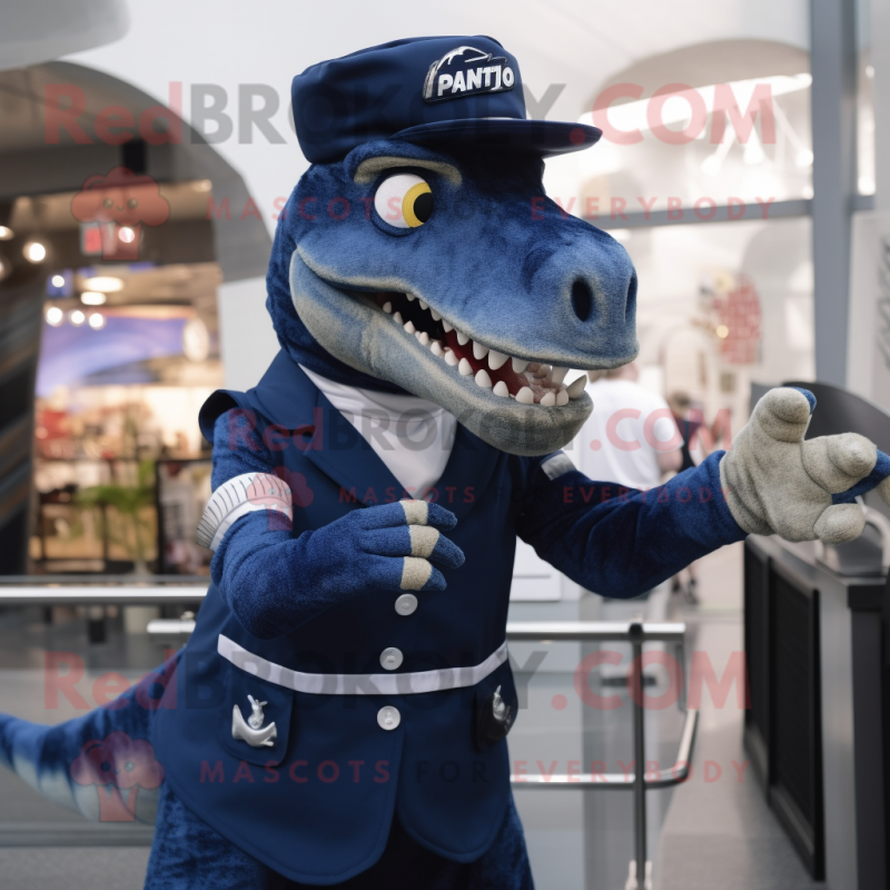Navy Allosaurus mascot costume character dressed with a Pencil Skirt and Mittens Navy Allosaurus mascot costume character dressed with a Pencil Skirt and Mittens