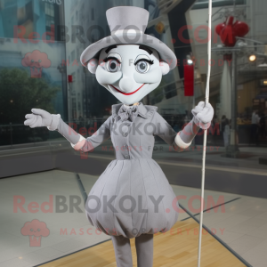 Gray Tightrope Walker mascot costume character dressed with a Sheath Dress and Hats